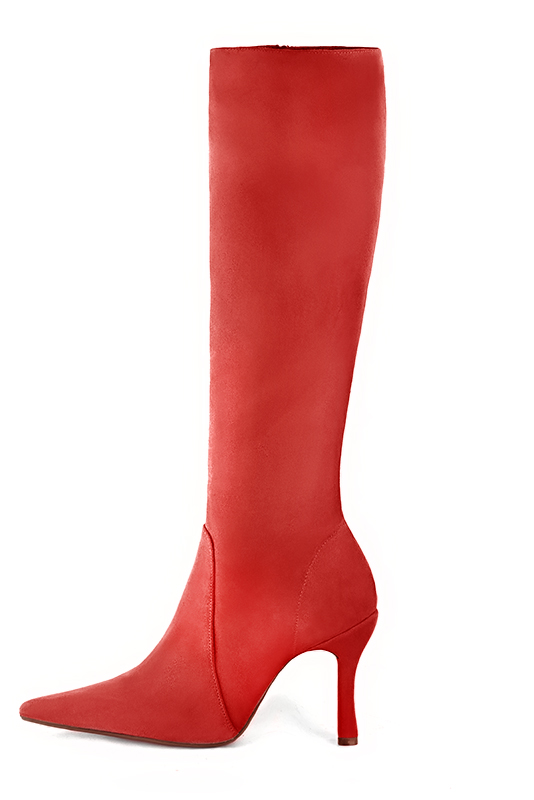 Scarlet red women's feminine knee-high boots. Pointed toe. Very high spool heels. Made to measure. Profile view - Florence KOOIJMAN